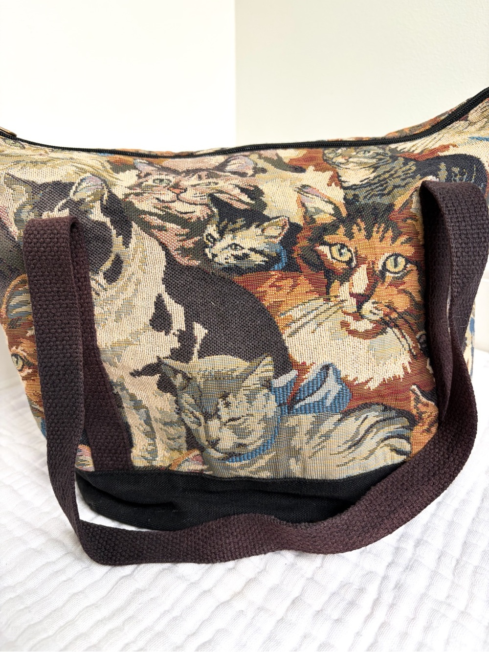 Vintage Cat Tapestry Shoulder Tote Bag Zip Top Cottagecore Kitty Purse